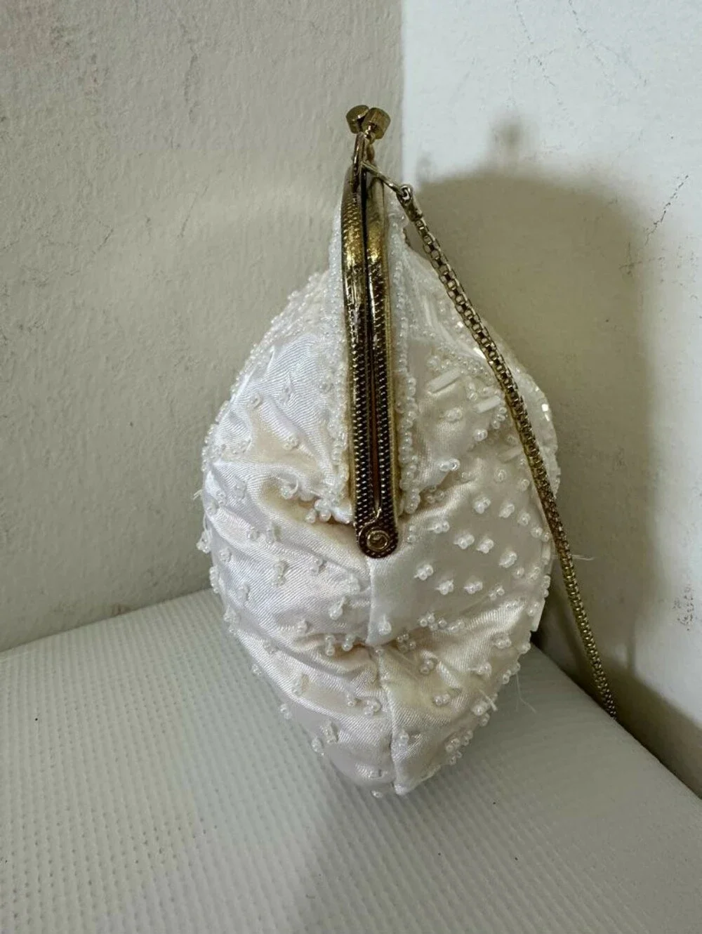 Vintage Beaded Evening Bag  Ivory Beads and a Gold-tone Metal Frame